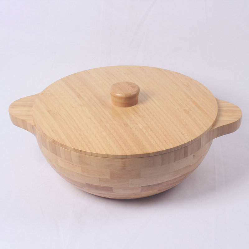 Round Bamboo Salad Bowl with Lid Durable Natural Large Fruit Bowl Soup Bowl